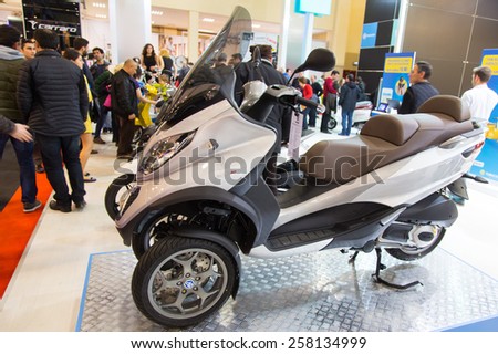 ISTANBUL, TURKEY - FEBRUARY 28, 2015: Piaggio MP3 in Eurasia Moto Bike Expo in Istanbul Expo Center