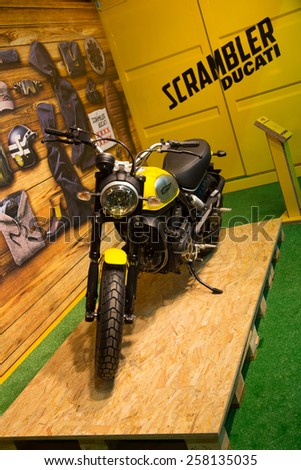 ISTANBUL, TURKEY - FEBRUARY 28, 2015: Ducati Scrambler in Eurasia Moto Bike Expo in Istanbul Expo Center