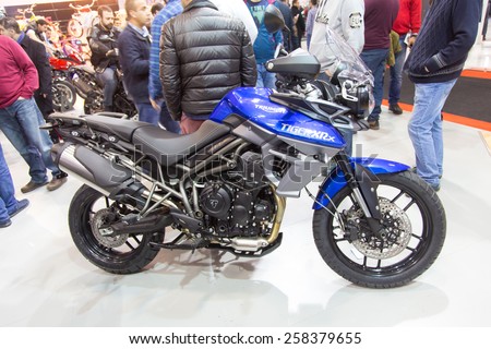 ISTANBUL, TURKEY - FEBRUARY 28, 2015: Triumph Tiger 800 in Eurasia Moto Bike Expo in Istanbul Expo Center