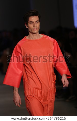 ISTANBUL, TURKEY - MARCH 20, 2015: A model showcases one of the latest creations by David Catalan in Mercedes-Benz Fashion Week Istanbul