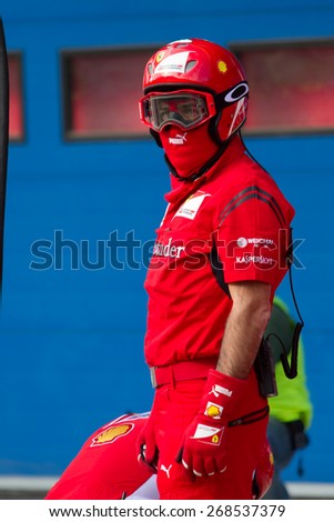 ISTANBUL, TURKEY - OCTOBER 26, 2014: Pit stop crew of Formula 1 car in Ferrari Racing Days in Istanbul Park Racing Circuit