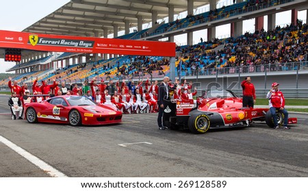 ISTANBUL, TURKEY - OCTOBER 26, 2014: Ferrari cars and crews of Ferrari Racing Days in Istanbul Park Racing Circuit