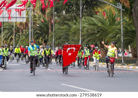 ISTANBUL, TURKEY - OCTOBER 29, 2014: Cyclists in Vatan Avenue during 29 October Republic Day celebration of Turkey