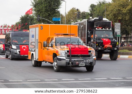 ISTANBUL, TURKEY - OCTOBER 29, 2014: Disaster and Emergency Managment Presidency vehicle in Vatan Avenue during 29 October Republic Day celebration of Turkey