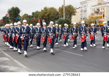 ISTANBUL, TURKEY - OCTOBER 29, 2014: Soldiers march in Vatan Avenue during 29 October Republic Day celebration of Turkey