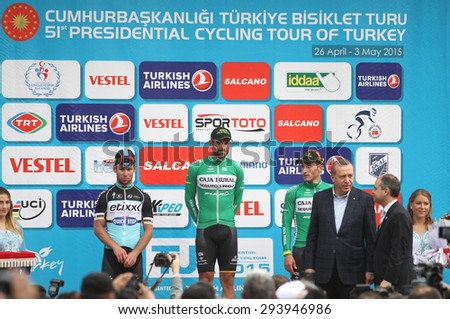 ISTANBUL, TURKEY - MAY 03, 2015: Turkish President Recep Tayyip Erdogan make an award cyclists in podium of of 51st Presidential Cycling Tour of Turkey.
