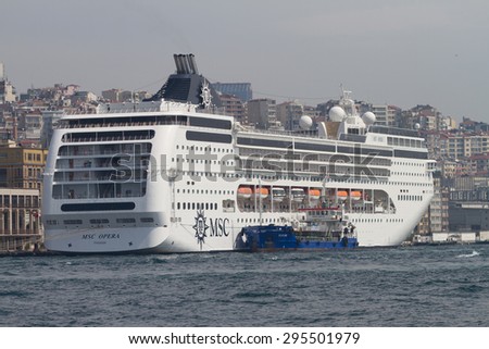 ISTANBUL, TURKEY - APRIL 26, 2015: MSC Opera Cruise Ship in Istanbul Port. Ship has 2,055 passenger capacity with 58,058 gross tonnage.