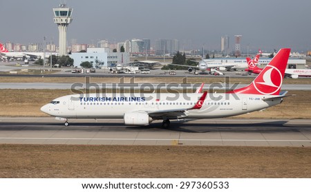 ISTANBUL, TURKEY - JULY 09, 2015: Turkish Airlines Boeing 737-8F2 (CN 40989/4394) takes off from Istanbul Ataturk Airport. THY is the flag carrier of Turkey with 284 fleet size and 275 destinations