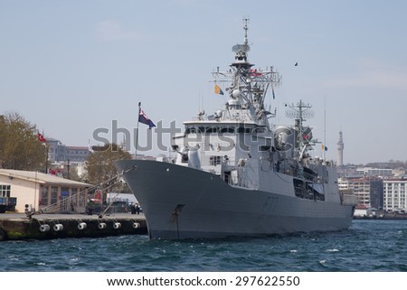ISTANBUL, TURKEY - APRIL 26, 2015: HMNZS Te Kaha (F77) war ship in Istanbul port. Royal New Zealand Navy visit turkey for 100th Anniversary of Battles of Gallipoli.