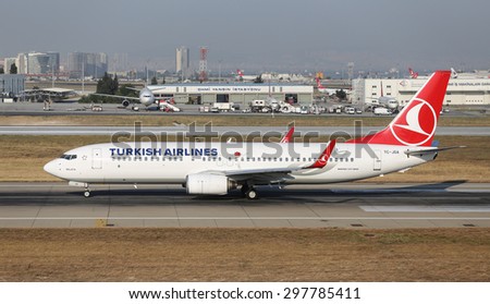 ISTANBUL, TURKEY - JULY 09, 2015: Turkish Airlines Boeing 737-8F2 (CN 29785/544) takes off from Istanbul Ataturk Airport. THY is the flag carrier of Turkey with 284 fleet size and 275 destinations