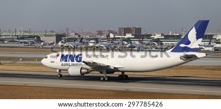 ISTANBUL, TURKEY - JULY 09, 2015: MNG Airlines Cargo Airbus A300F4-605R(F) (CN 525) takes off from Istanbul Ataturk Airport. MNG Airlines Cargo has 8 fleet size and 7 destinations
