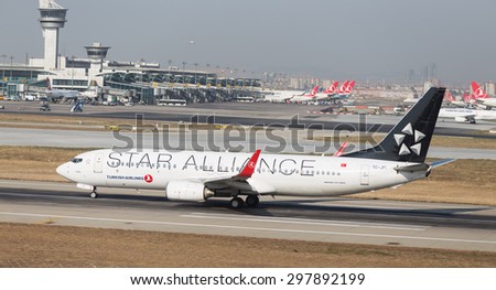 ISTANBUL, TURKEY - JULY 09, 2015: Turkish Airlines Boeing 737-8F2 (CN 29771/228) takes off from Istanbul Ataturk Airport. THY is the flag carrier of Turkey with 284 fleet size and 275 destinations