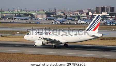 ISTANBUL, TURKEY - JULY 09, 2015: Air France Airbus A319-111 (CN 985) takes off from Istanbul Ataturk Airport. Air France is the flag carrier of France with 235 fleet size and 204 destinations