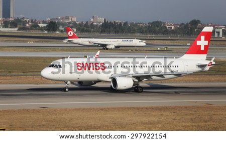 ISTANBUL, TURKEY - JULY 09, 2015: Swiss Global Air Lines Airbus A320-214 (CN 5518) takes off from Istanbul Ataturk Airport. Swiss has 18 fleet size and 36 destinations