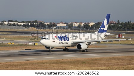 ISTANBUL, TURKEY - JULY 09, 2015: MNG Airlines Cargo Airbus A300F4-605R(F) (CN 525) takes off from Istanbul Ataturk Airport. MNG Airlines Cargo has 8 fleet size and 7 destinations