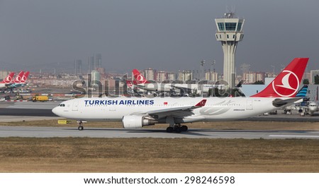 ISTANBUL, TURKEY - JULY 09, 2015: Turkish Airlines Airbus A330-202 (CN 932) takes off from Istanbul Ataturk Airport. THY is the flag carrier of Turkey with 284 fleet size and 275 destinations