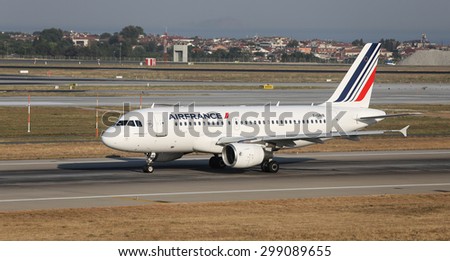 ISTANBUL, TURKEY - JULY 09, 2015: Air France Airbus A319-111 (CN 985) takes off from Istanbul Ataturk Airport. Air France is the flag carrier of France with 235 fleet size and 204 destinations