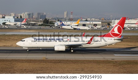 ISTANBUL, TURKEY - JULY 09, 2015: Turkish Airlines Boeing 737-8F2 (CN 34413/1972) takes off from Istanbul Ataturk Airport. THY is the flag carrier of Turkey with 284 fleet size and 275 destinations