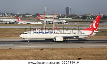ISTANBUL, TURKEY - JULY 09, 2015: Turkish Airlines Boeing 737-9F2 (CN 40982/4098) takes off from Istanbul Ataturk Airport. THY is the flag carrier of Turkey with 284 fleet size and 275 destinations