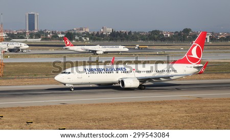 ISTANBUL, TURKEY - JULY 09, 2015: Turkish Airlines Boeing 737-8F2 (CN 42000/4336) takes off from Istanbul Ataturk Airport. THY is the flag carrier of Turkey with 284 fleet size and 275 destinations