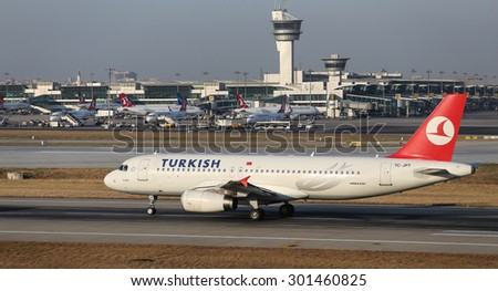 ISTANBUL, TURKEY - JULY 09, 2015: Turkish Airlines Airbus A320-232 (CN 3719) takes off from Istanbul Ataturk Airport. THY is the flag carrier of Turkey with 284 fleet size and 275 destinations
