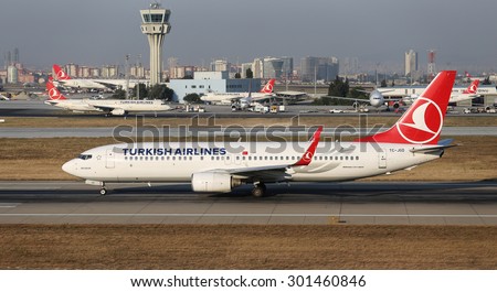 ISTANBUL, TURKEY - JULY 09, 2015: Turkish Airlines Boeing 737-8F2 (CN 29788/791) takes off from Istanbul Ataturk Airport. THY is the flag carrier of Turkey with 284 fleet size and 275 destinations