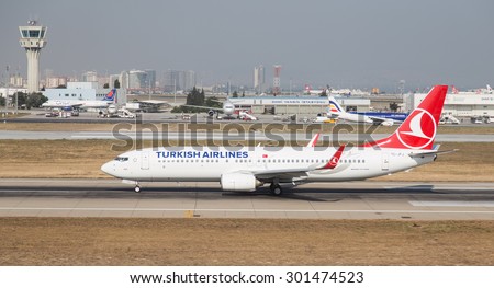 ISTANBUL, TURKEY - JULY 09, 2015: Turkish Airlines Boeing 737-8F2 (CN 29772/242) takes off from Istanbul Ataturk Airport. THY is the flag carrier of Turkey with 284 fleet size and 275 destinations