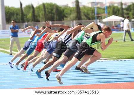 ISTANBUL, TURKEY - SEPTEMBER 19, 2015: Athletes running 100 metres during European Champion Clubs Cup Track and Field Juniors Group A