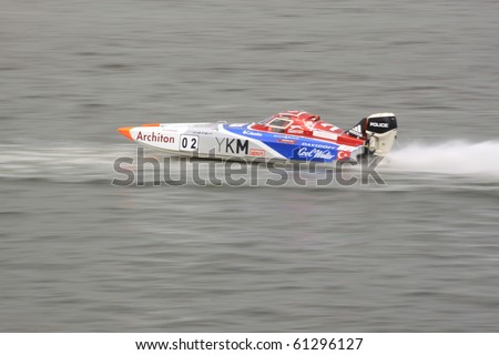 ISTANBUL, TURKEY - MAY 08: Saruhan TAN and Kerim ZORLU drive a YKM Sport Team Offshore 225 boat during Architon World Offshore Championship, Halic stage on May 08, 2010 in Istanbul, Turkey