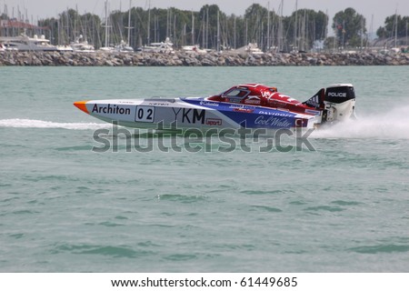 ISTANBUL, TURKEY - MAY 23: Saruhan TAN and Kerim ZORLU drive a YKM Sport Team Offshore 225 boat during Architon World Offshore Championship, Moda stage on May 23, 2010 in Istanbul, Turkey