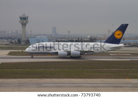 ISTANBUL - MARCH 19: Airbus A380 taxiing on runway at Istanbul Ataturk Airport on March 19, 2011 in Istanbul, Turkey. Lufthansa\'s Airbus A380 has landed to Istanbul for an advertising flight.