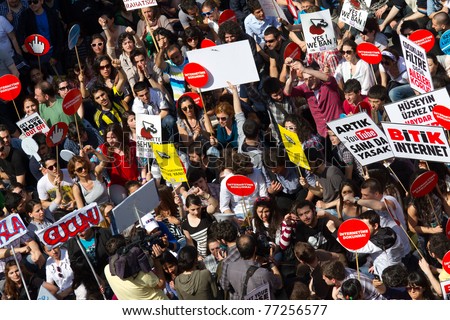 ISTANBUL - MAY 15: Thousands of people protest against the government\'s decision to censor the internet on May 15, 2011 in Istanbul, Turkey. Demonstrations was held in Taksim, Istiklal street.