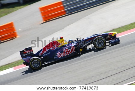 ISTANBUL - MAY 07: Sebastian Vettel drives a RBR Renault team car during qualifying for F1 Turkish Grand Prix, Istanbul Park on May 07, 2011 Istanbul, Turkey - stock photo