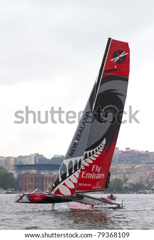 ISTANBUL - MAY 28: Skipper Dean Barker, Emirates Team New Zealand boat competes in the Extreme Sailing Series, on May 28, 2011 Istanbul, Turkey.