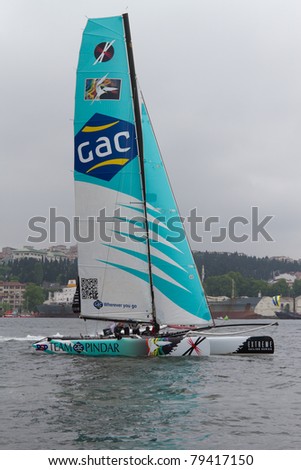 ISTANBUL - MAY 28: Skipper Ian Williams, Team GAC Pindar boat competes in the Extreme Sailing Series, on May 28, 2011 Istanbul, Turkey.