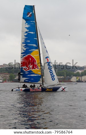ISTANBUL - MAY 28: Skipper Roman Hagara, Red Bull Extreme Sailing team boat competes in the Extreme Sailing Series, on May 28, 2011 Istanbul, Turkey.