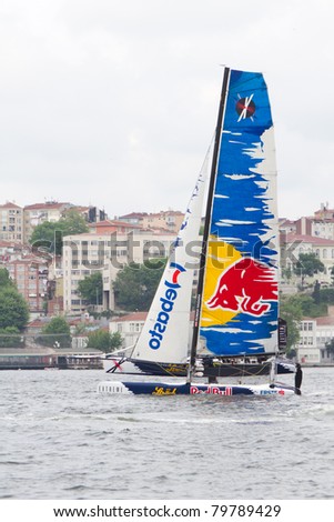 ISTANBUL - MAY 29: Skipper Roman Hagara, Red Bull Extreme Sailing team boat competes in the Extreme Sailing Series, on May 29, 2011 Istanbul, Turkey.
