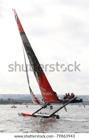 ISTANBUL - MAY 29: Skipper Dean Barker, Emirates Team New Zealand boat competes in the Extreme Sailing Series, on May 29, 2011 Istanbul, Turkey.