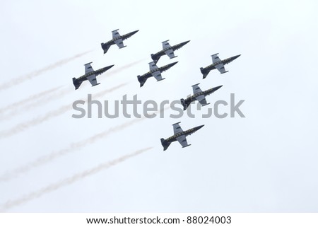 ISTANBUL, TURKEY - OCTOBER 16 : Breitling Jet Team performs during their Middle East Tour at the Istanbul, Halic on October 16, 2011 in Istanbul, Turkey.