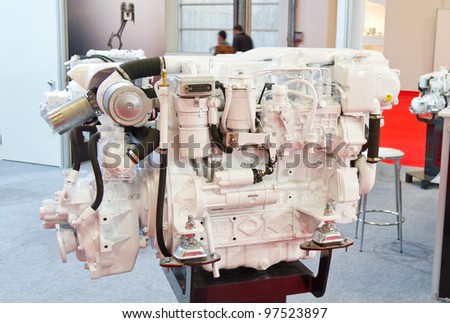 ISTANBUL - FEBRUARY 18: Scam Diesel ship engine from Tuyap Istanbul Boat Show on February 18, 2012 Istanbul, Turkey. Tuyap Istanbul Boat Show the second largest boat show ashore.