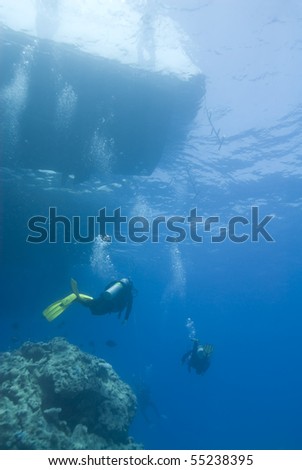 Scuba divers heading toward the dive boat, visible in the background. Temple, Sharm el Sheikh, Red Sea, Egypt.