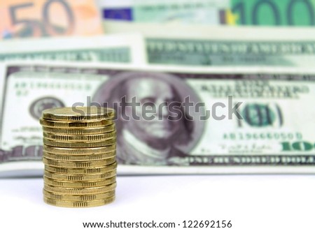 Coins, euro and dollar banknotes and coins, money background