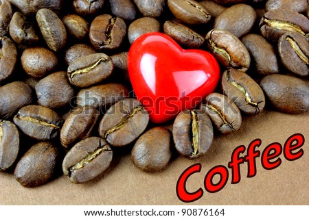Coffee, coffee beans, red heart and \