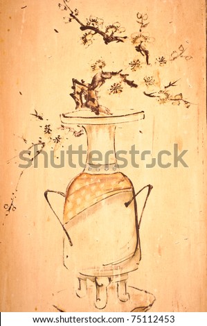 Painting of vase on a wooden plank in Chinese temple