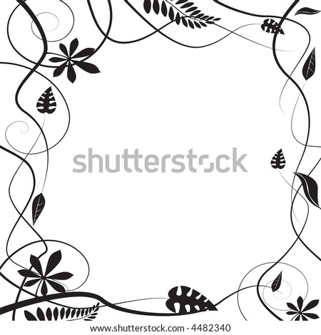 stock vector : Floral border in black and white with the leaves and stems in 
