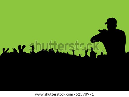 rock or rap concert with people in silhouette waving hands and fists