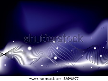 Abstract blue wave background with glowing white orbs
