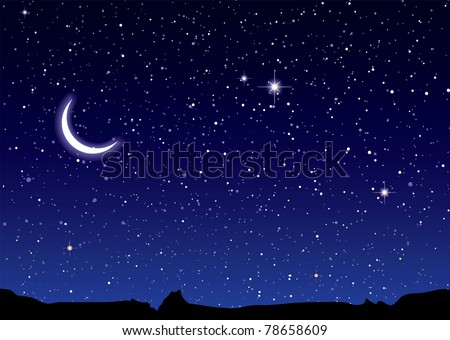 Space landscape with silhouette mountains and crescent moon