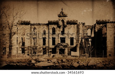 Aged image of an old run down building