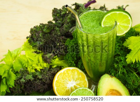 Delicious raw vegetable smoothie with leafy greens and copy-space